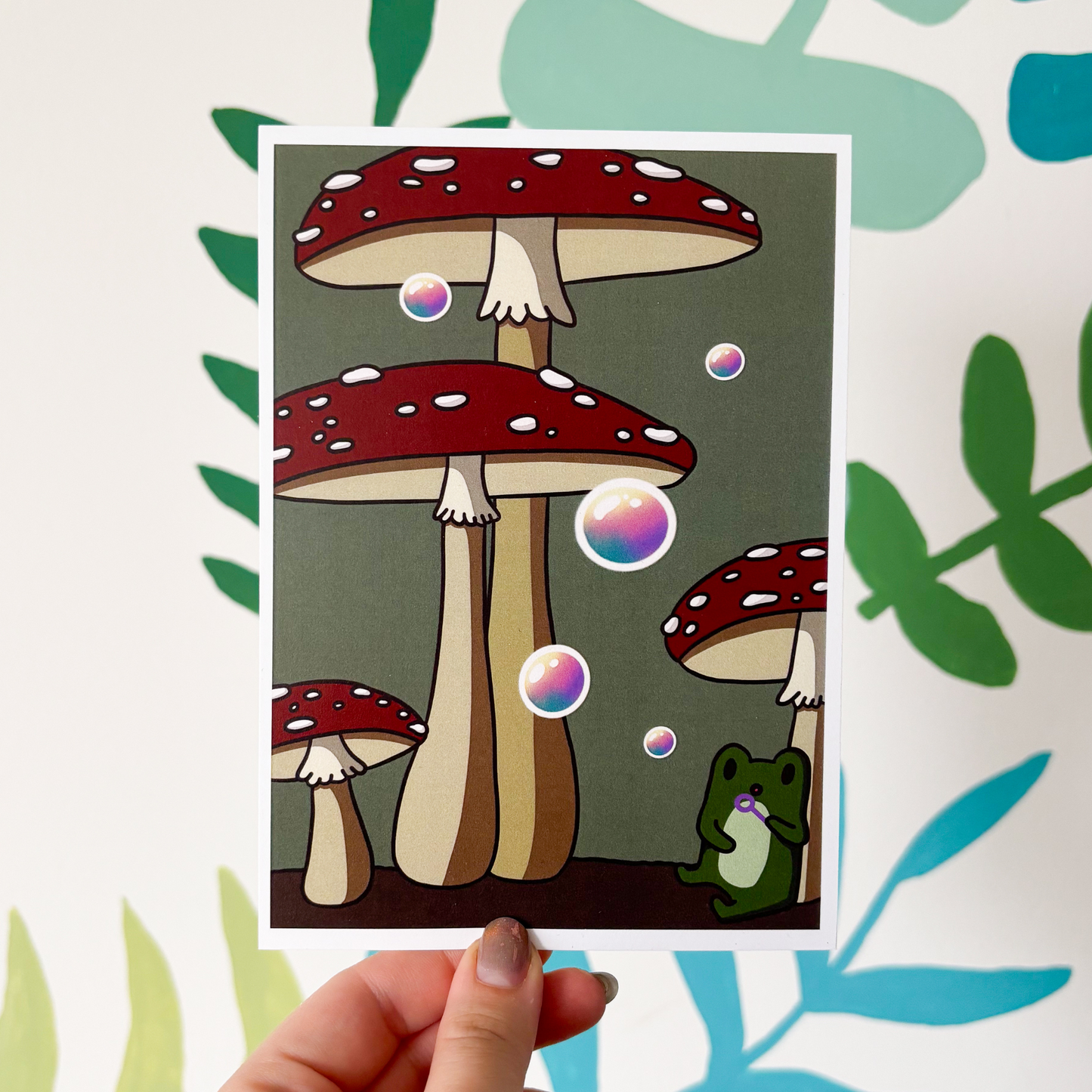 Freg Blowing Bubbles in a Mushroom Forest
