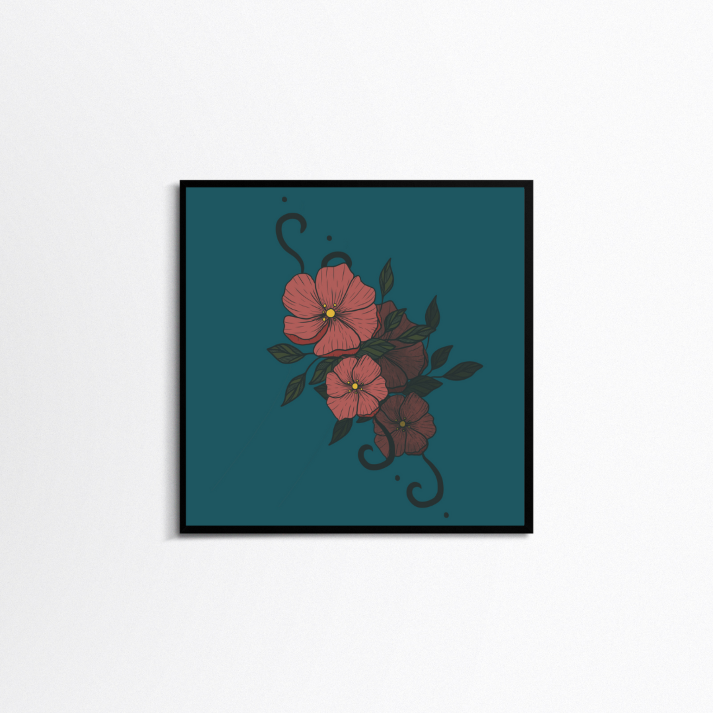 White background with a square black frame. In the frame is a print with a blue background. In the middle is two pink flowers floating with green leaves around it.