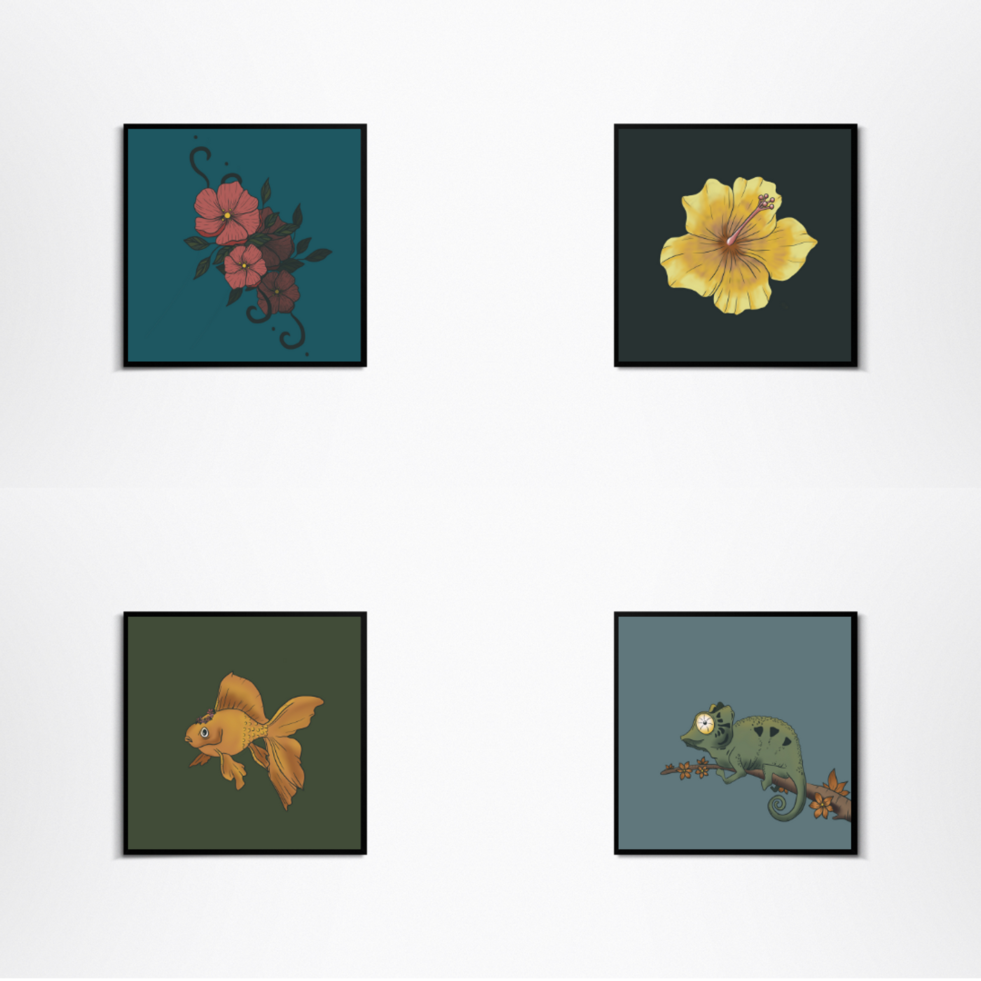White background with four square frames. Top left is a blue image with pink flowers. Top right is a dark green print with a yellow hibiscus in the middle. Bottom left is a moss green with a yellow goldfish with a flower crown. On the bottom right is a pale blue print with a green chameleon on a brown branch with orange flowers blooming.