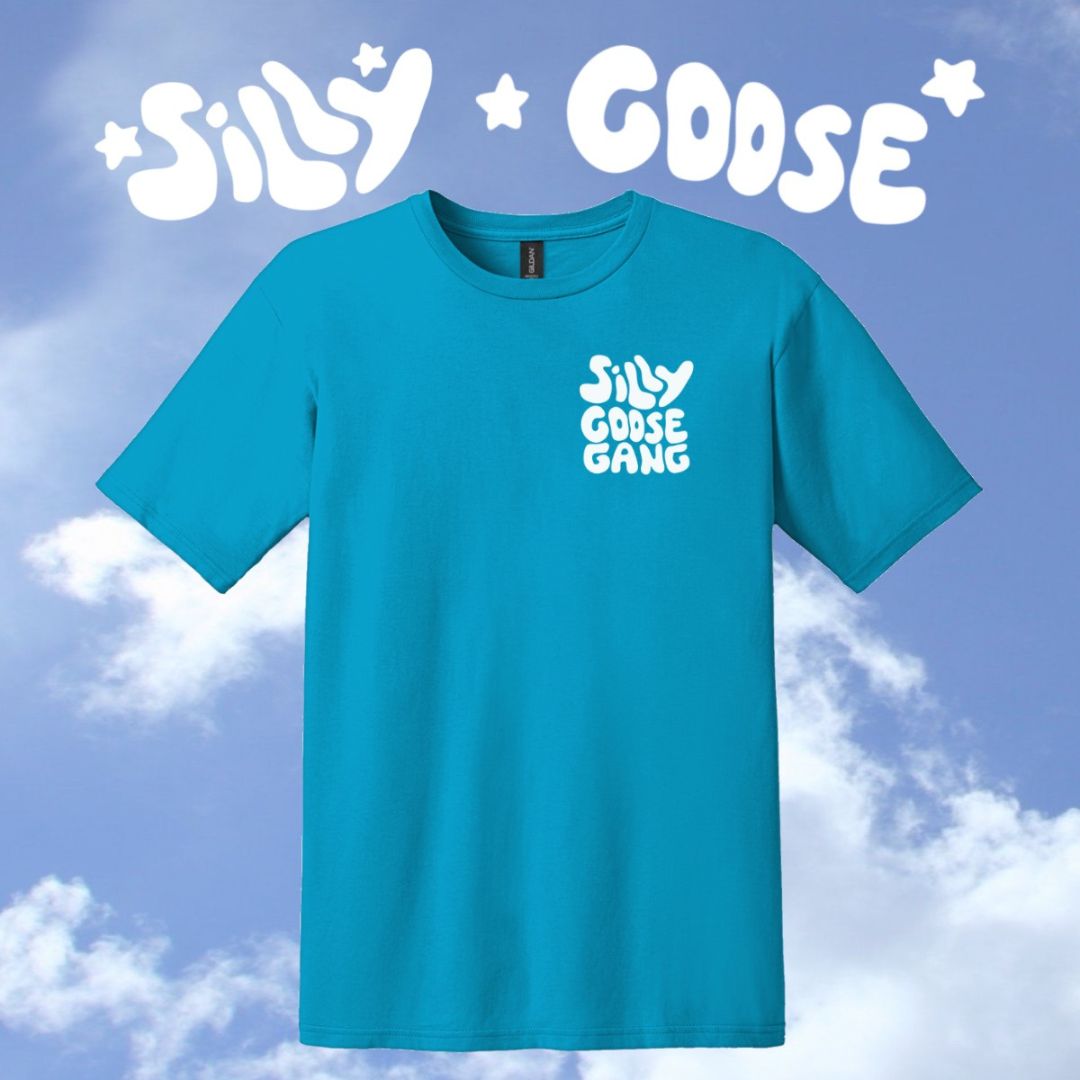 Blue sky background with clouds and "Silly Goose" written on top in white with stars. There's a floating blue shirt with "Silly Goose Gang" written in white on the top right corner of it.