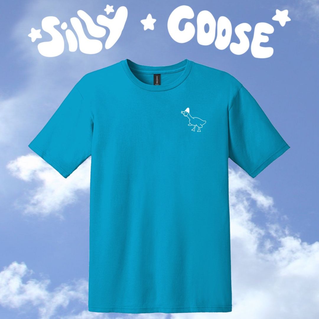 Blue sky background with clouds and "Silly Goose" written on top in white with stars.  There's a blue shirt floating with an outline of a silly goose honking with a party hat outlined in white on the top right.