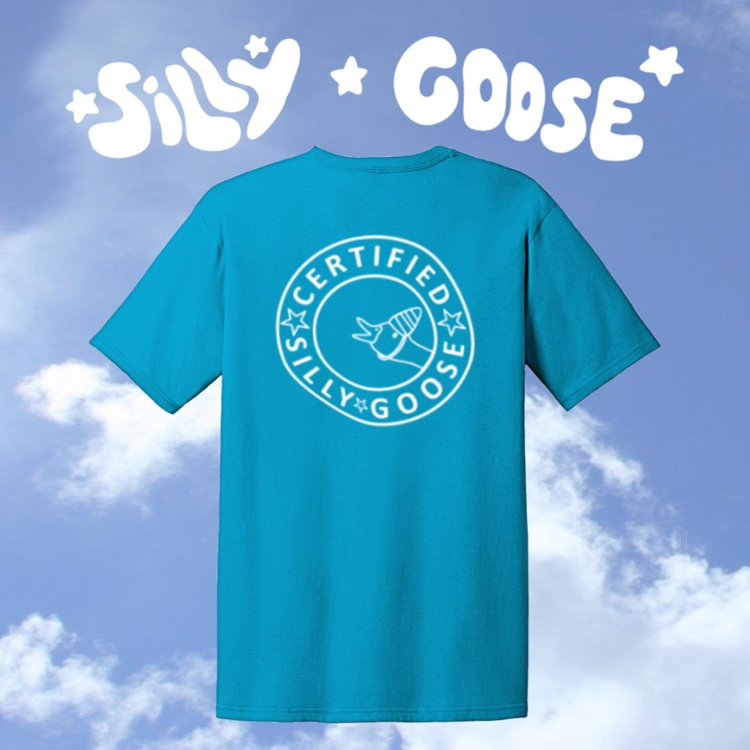 Blue sky background with clouds and "Silly Goose" written on top in white with stars. A blue shirt is floating with "Certified Silly Goose" and a goose with a party hat popping out in a white outline.