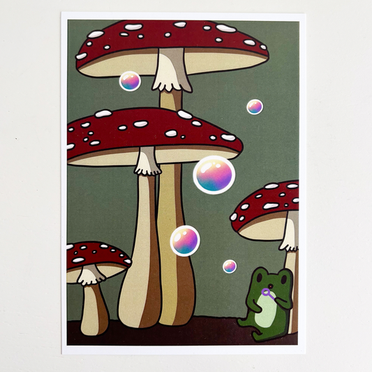 Freg Blowing Bubbles in a Mushroom Forest