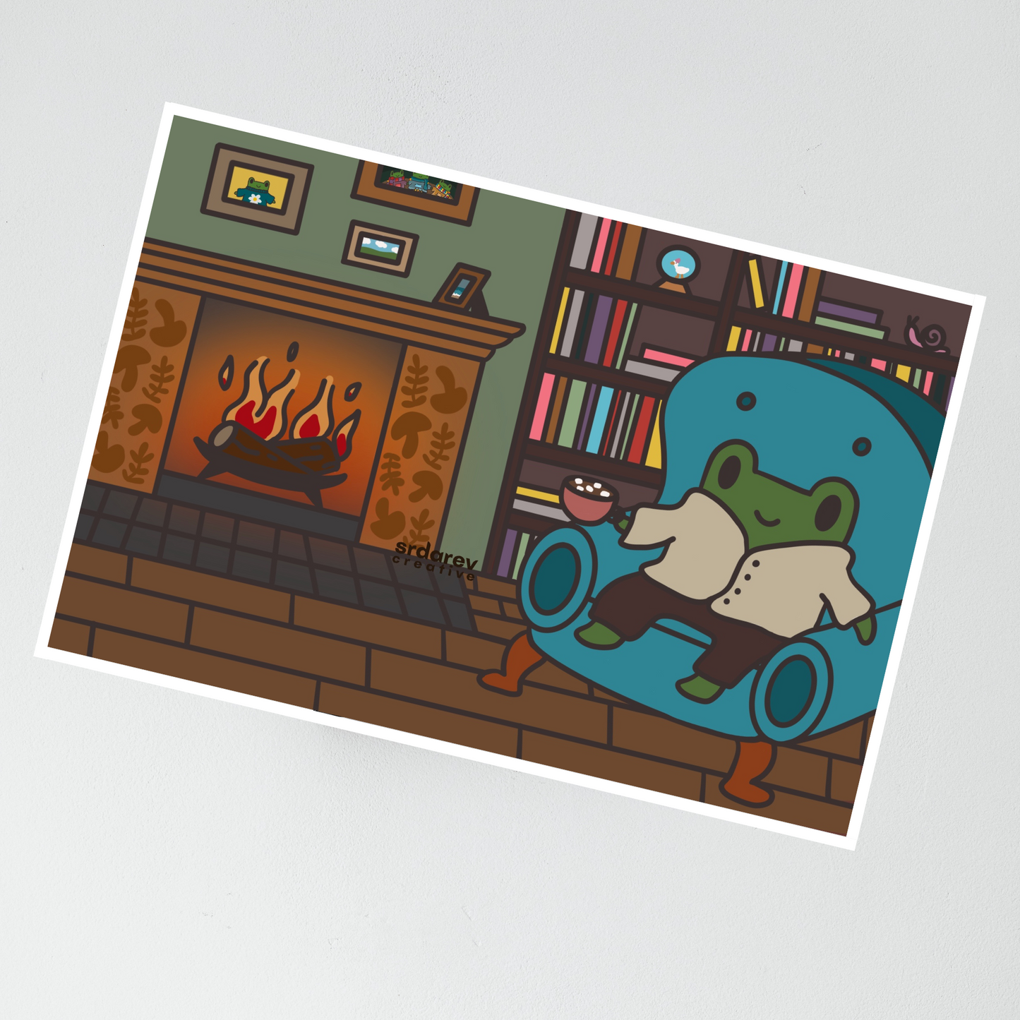 Freg by the Fire Cozy Art Print