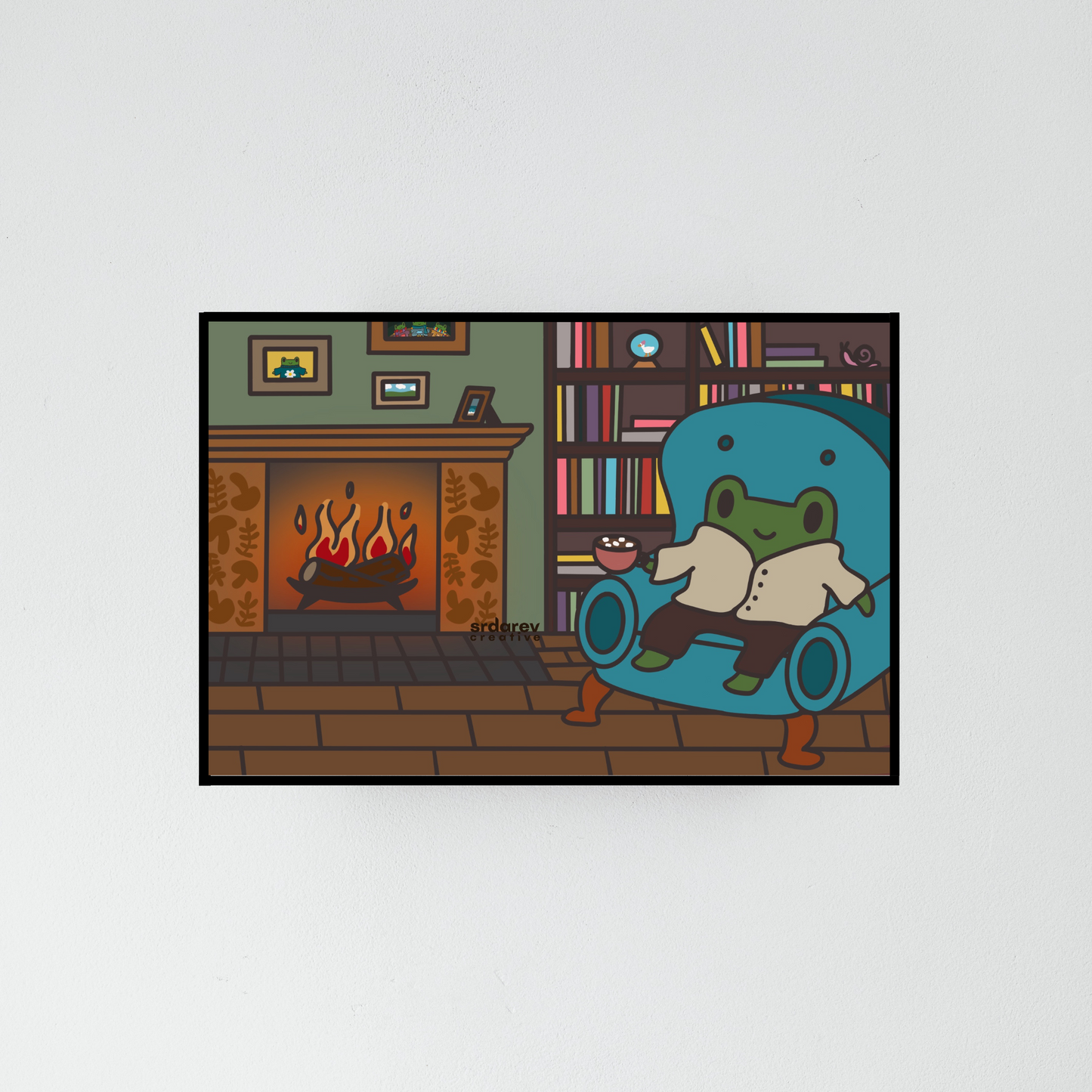 Freg by the Fire Cozy Art Print