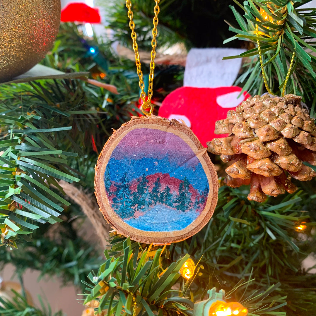 Hand Painted Wooden Ornament - Winter Forest