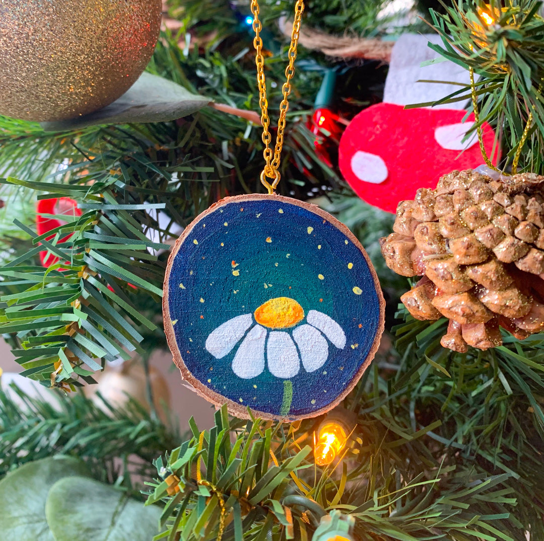 Hand Painted Wooden Ornament - Midnight Daisy