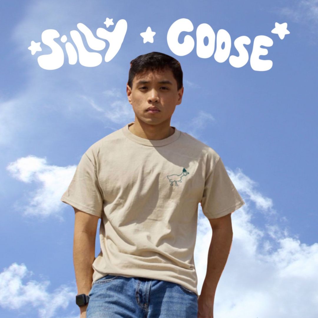 Blue sky background with clouds and "Silly Goose" written on top in white with stars.  Below is a man wearing a beige shirt with the outline of a goose honking wearing a party hat in dark blue.