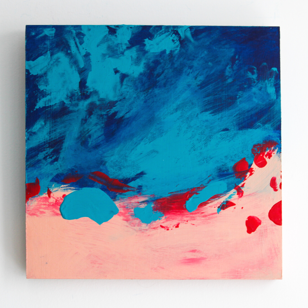A square blue abstract with pink on the bottom blending into the blue with some red swatches.