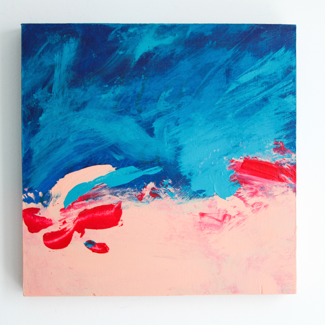 A square blue abstract with pink on the bottom blending into the blue with some red swatches.